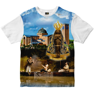 Camiseta Nossa Senhora Senhora Aparecida com pescadores Rainha do Brasil