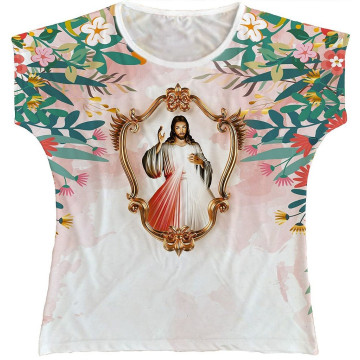 Blusa Feminina bata Jesus Misericordioso Rainha do Brasil