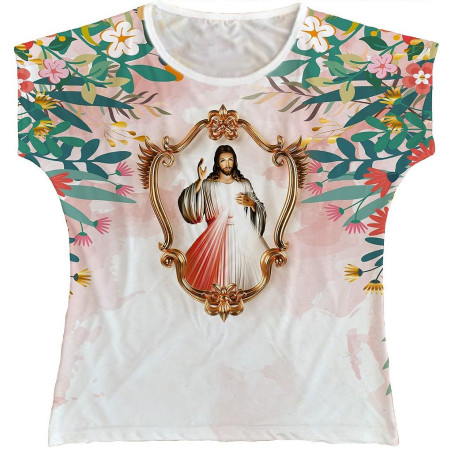 Blusa Feminina bata Jesus Misericordioso Rainha do Brasil